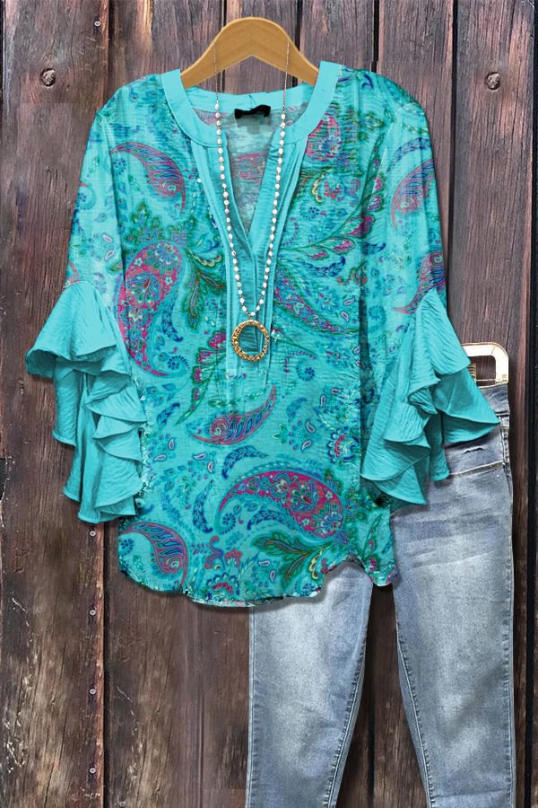 Bright blue 3D floral print blouse