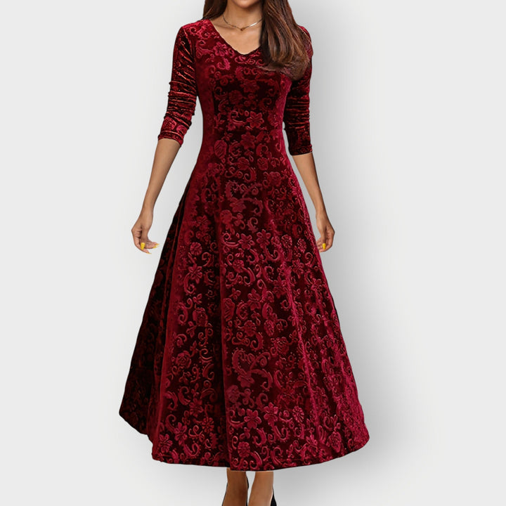 Alora - Vintage-Inspired Jacquard Velvet Midi Dress