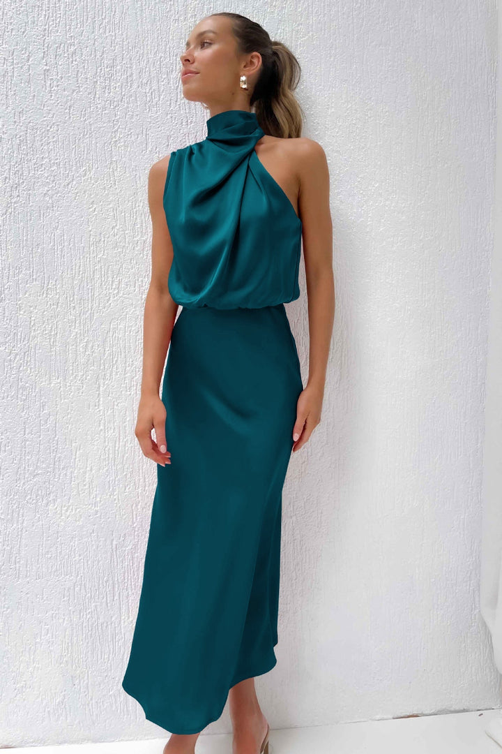 Carlina | Long Satin Dress with Halter Neckline