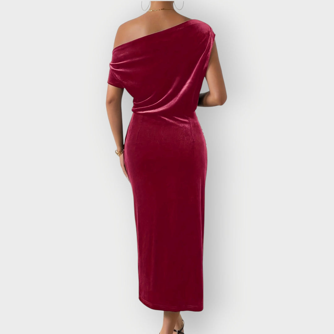 Grecia – Off-Shoulder Draped Velvet Midi Dress