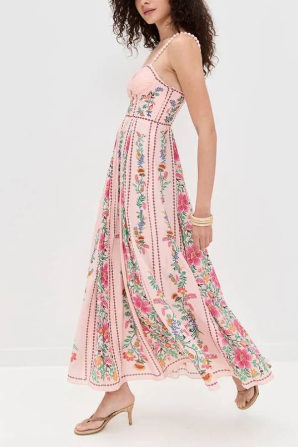 Unique Delicate Forest Print Maxi Dress with Sweetheart Neckline and Beaded Straps
