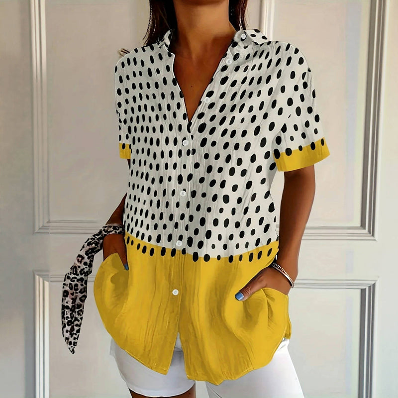Blouse with Color Block and Polka Dots