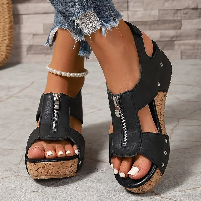 Elegant Retro Sandals with Wedge and Zipper