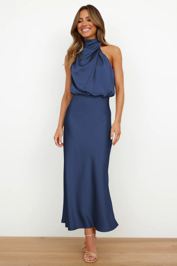 Carlina | Long Satin Dress with Halter Neckline