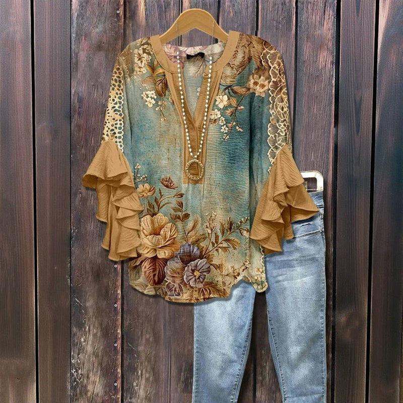 Vintage 3D Floral Print Blouse