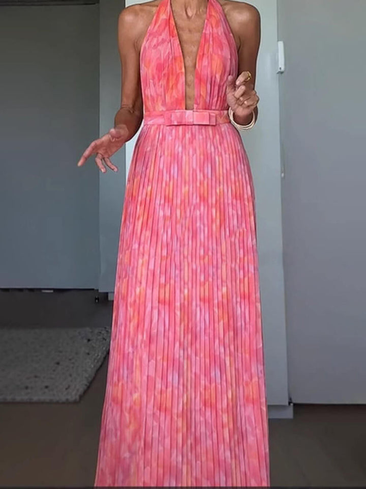 Elegant pleated long dress with V-neck and open back