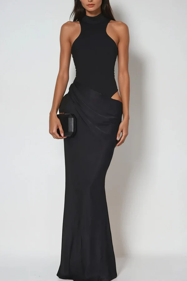 Beres - Black satin maxi dress with tank top