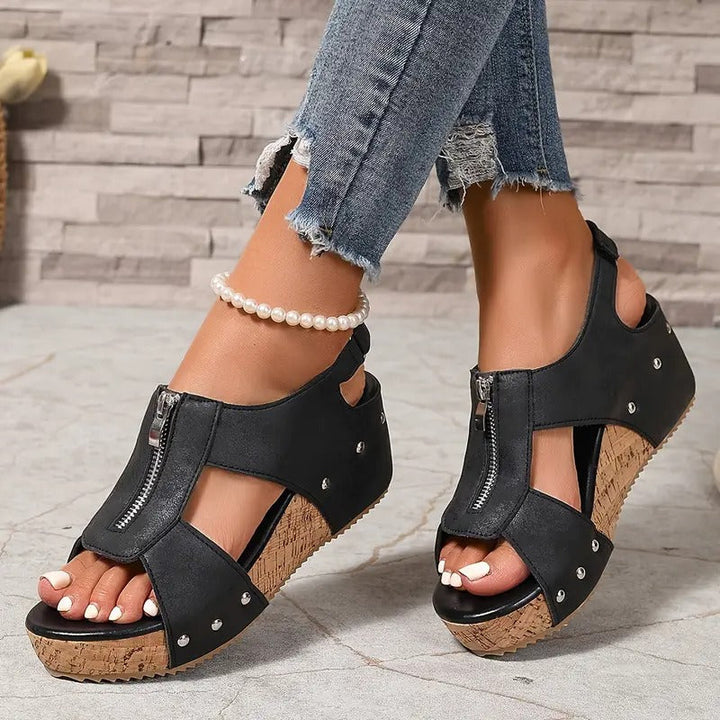 Elegant Retro Sandals with Wedge and Zipper