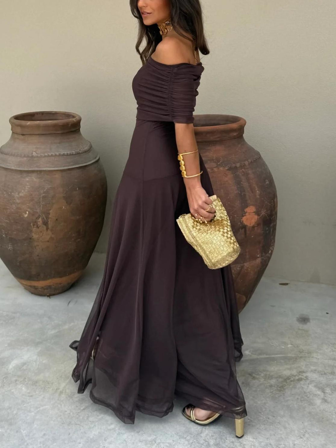 Kiali | Toledo One-Shoulder Mesh Maxi Dress