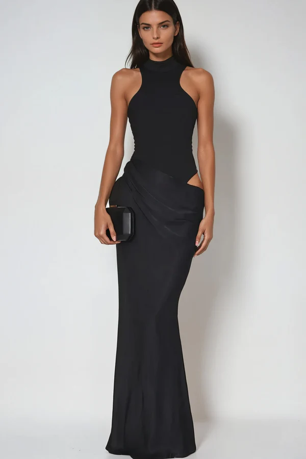 Beres - Black satin maxi dress with tank top