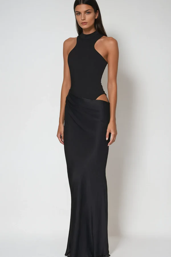 Beres - Black satin maxi dress with tank top