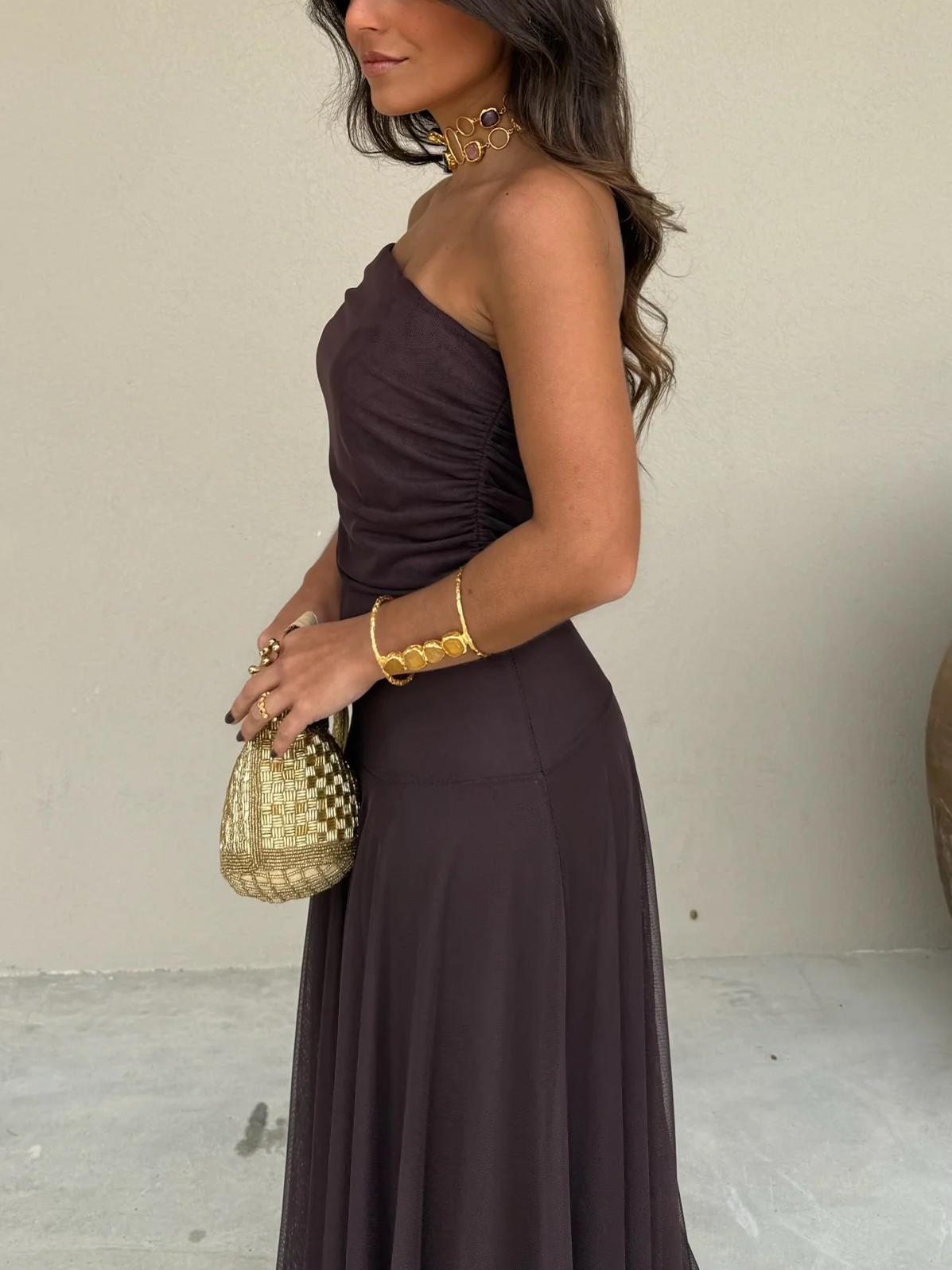 Kiali | Toledo One-Shoulder Mesh Maxi Dress