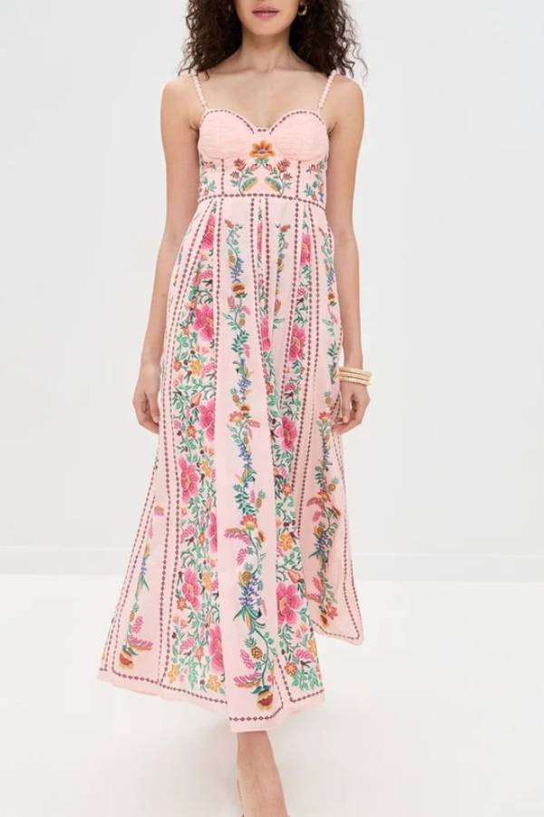 Unique Delicate Forest Print Maxi Dress with Sweetheart Neckline and Beaded Straps