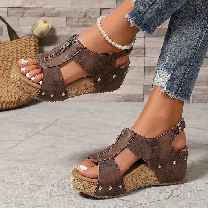 Elegant Retro Sandals with Wedge and Zipper