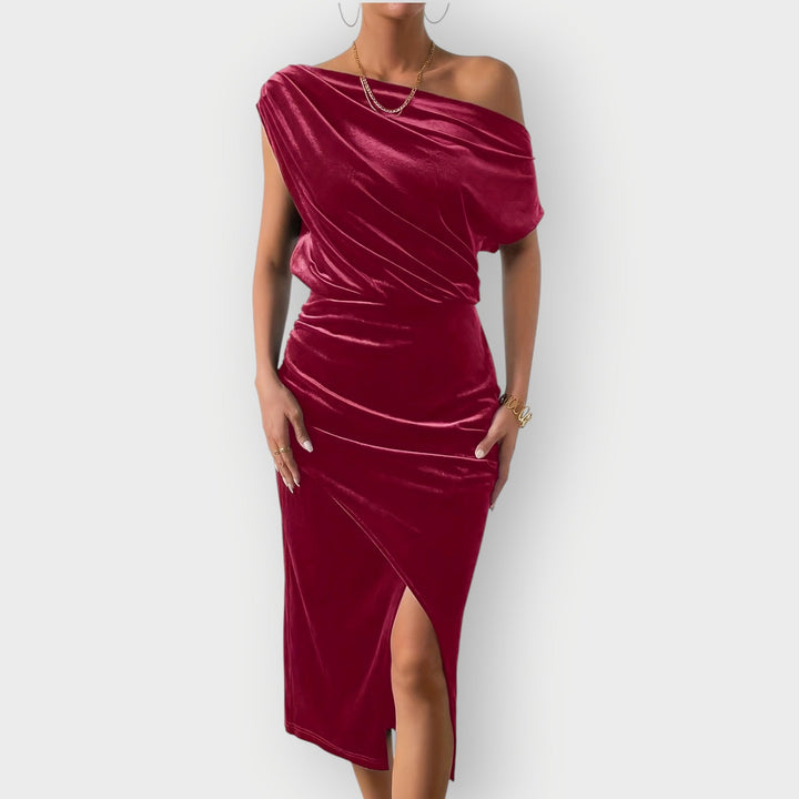 Grecia – Off-Shoulder Draped Velvet Midi Dress