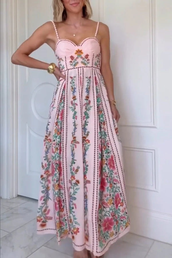 Unique Delicate Forest Print Maxi Dress with Sweetheart Neckline and Beaded Straps