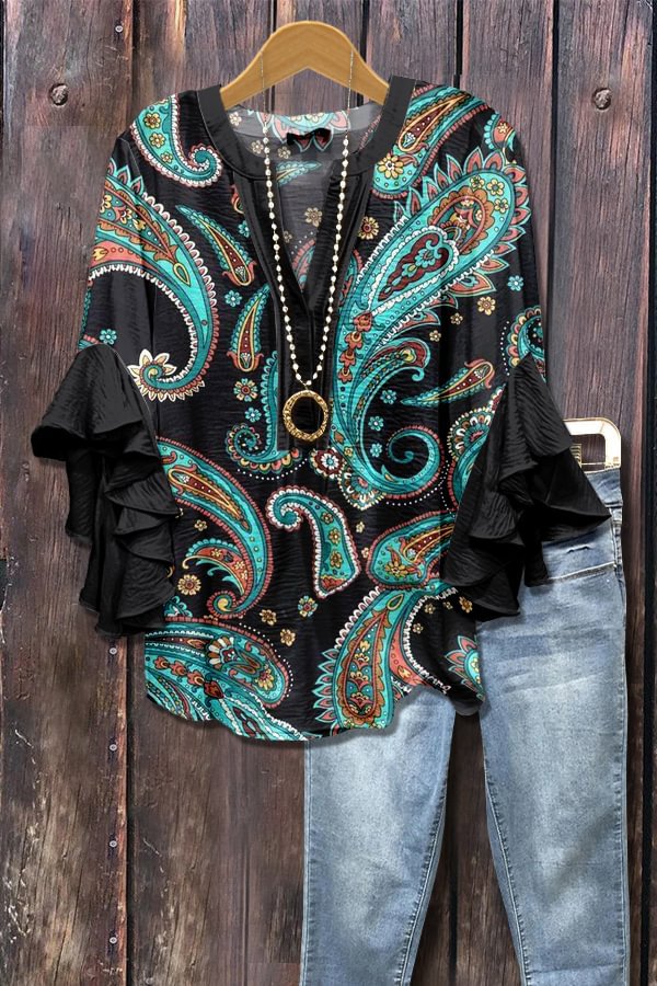 Black and blue 3D floral print blouse