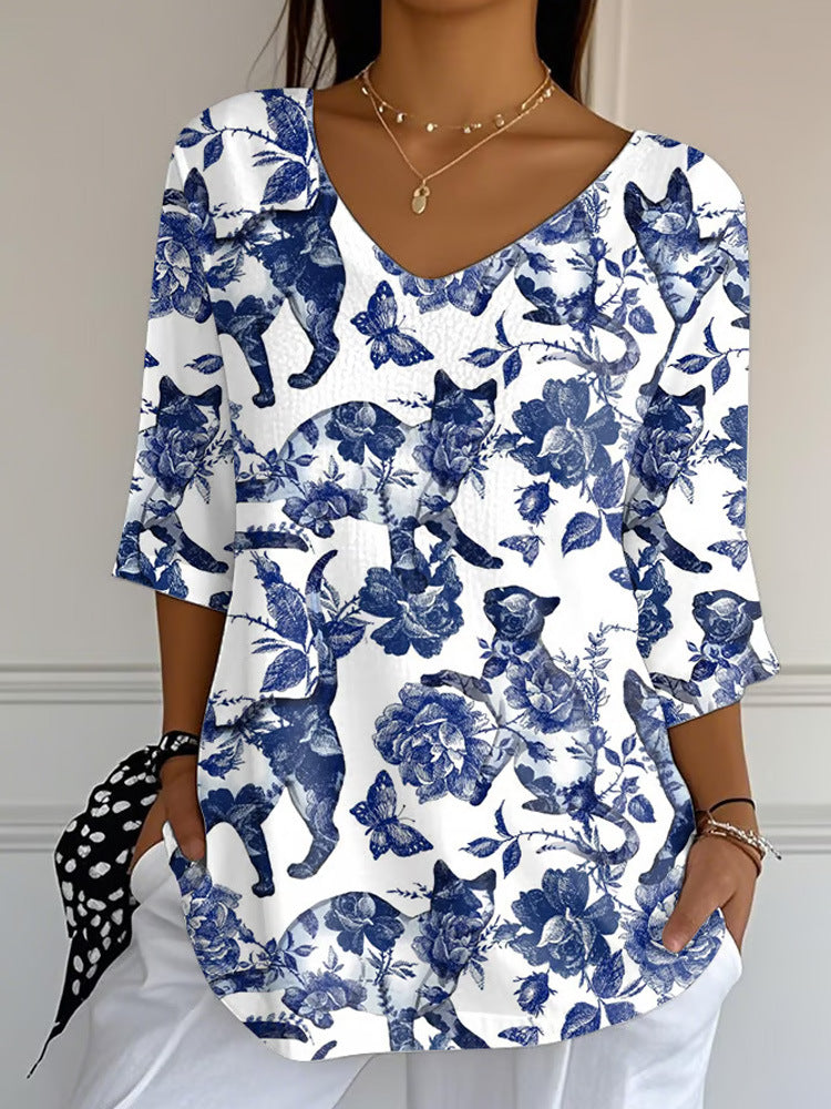 Blue White Vintage Casual T-shirt