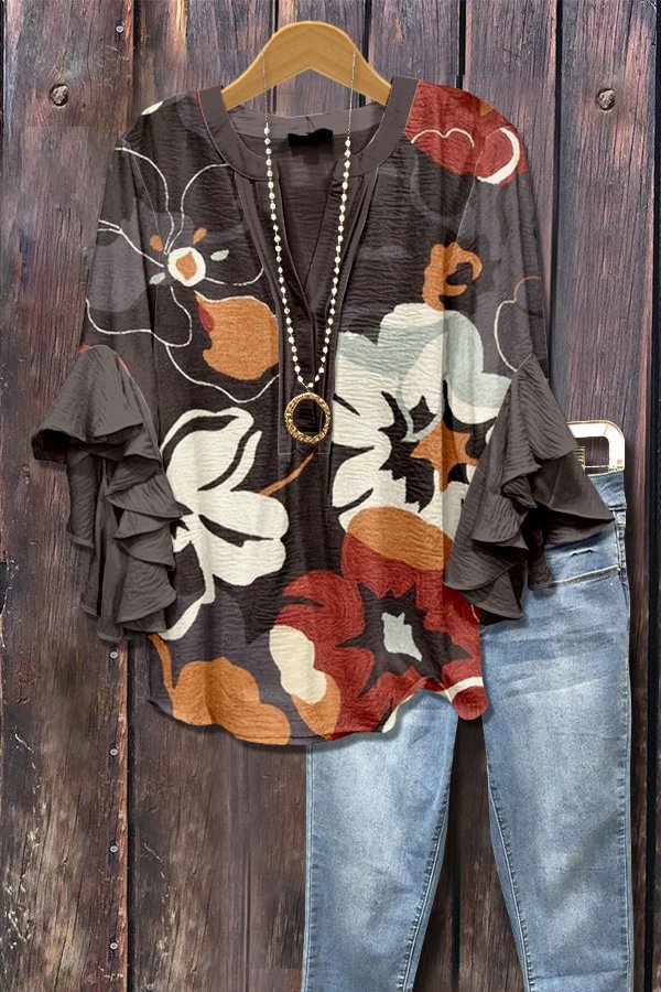 Dark brown blouse with 3D floral print