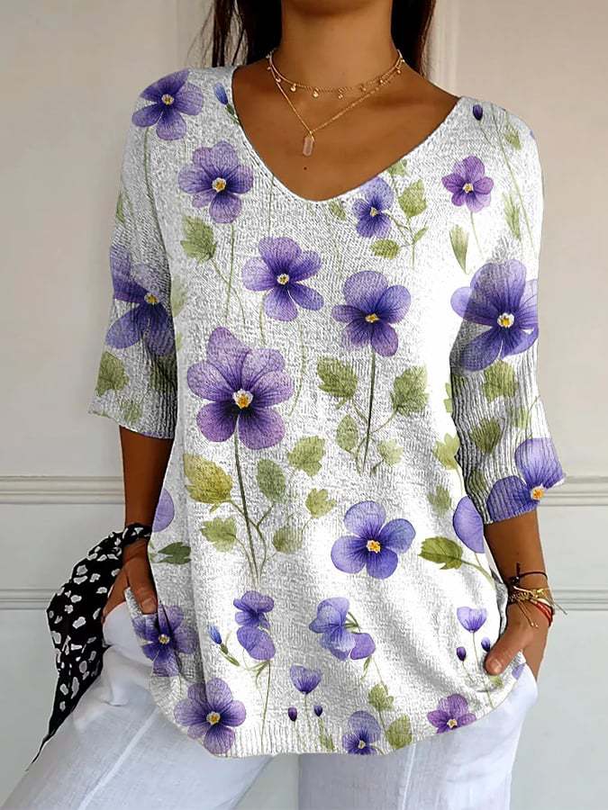 White Purple Flower Vintage Casual T-shirt