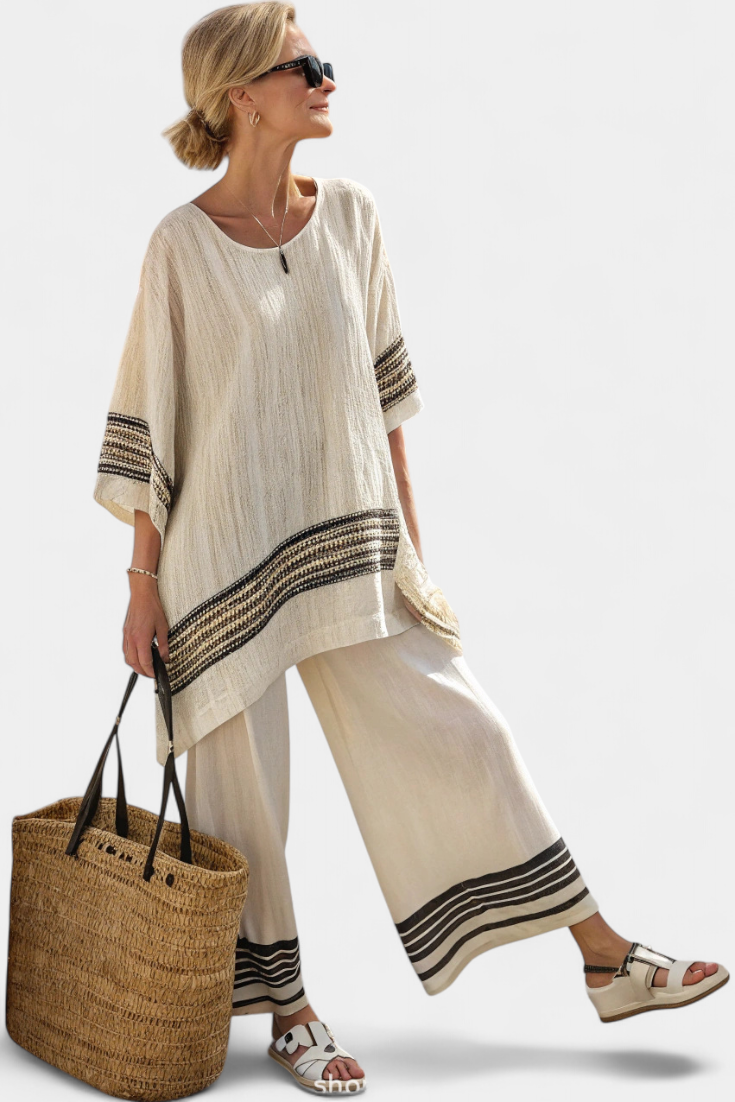 Elena - Ethnic Bamboo Linen Set with Stripes and Wide Cut