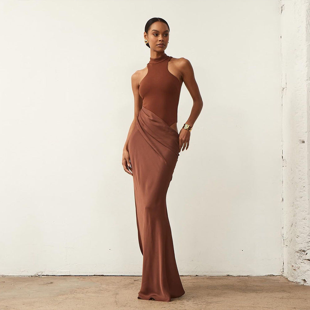 Beres - Black satin maxi dress with tank top