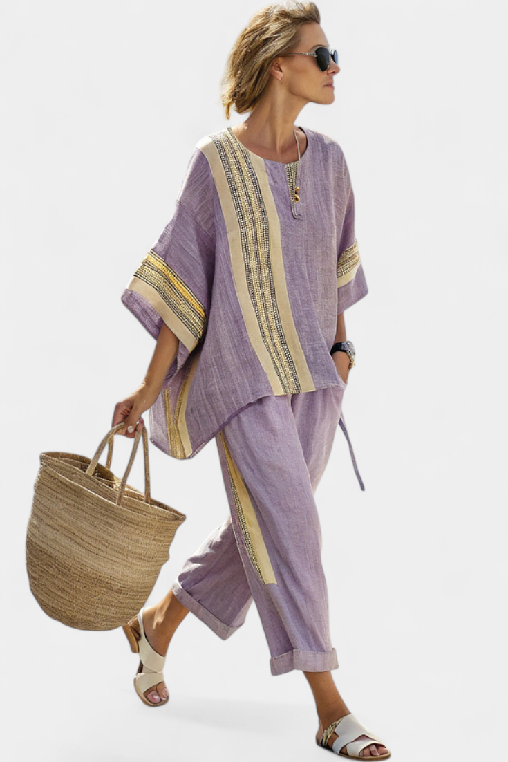 Elena - Ethnic Bamboo Linen Set with Stripes and Wide Cut