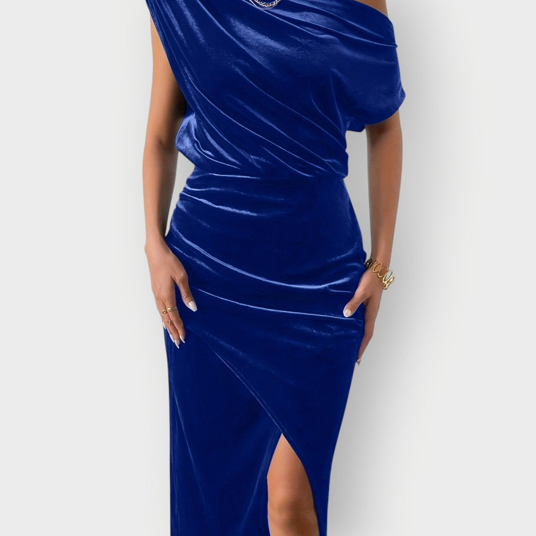 Grecia – Off-Shoulder Draped Velvet Midi Dress