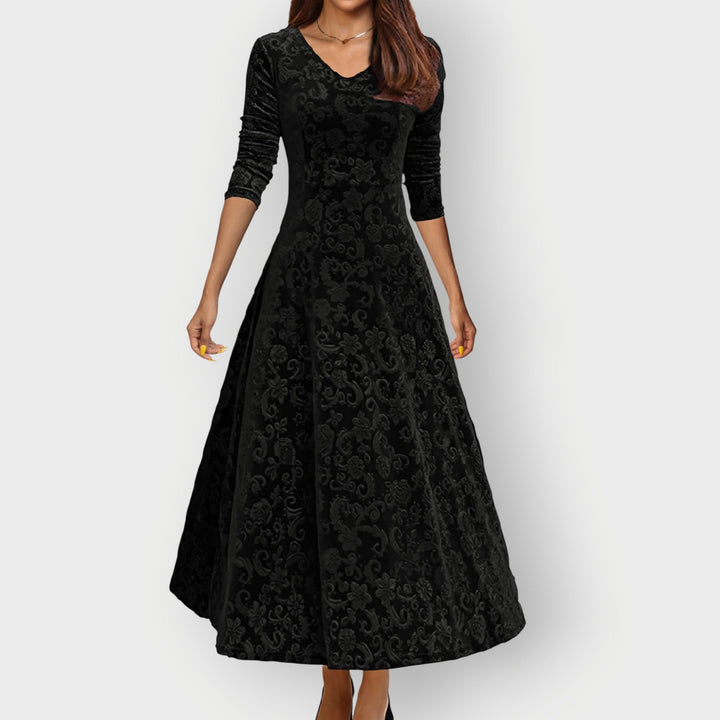 Alora - Vintage-Inspired Jacquard Velvet Midi Dress