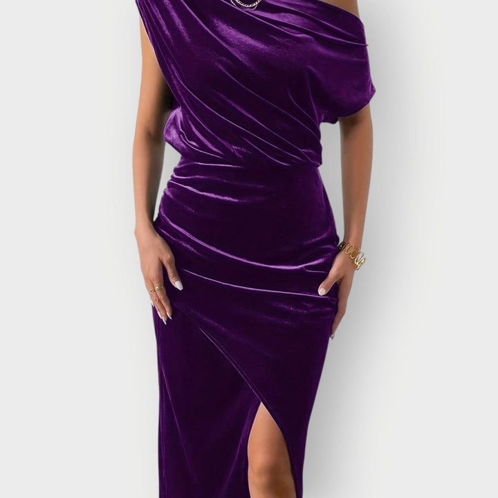Grecia – Off-Shoulder Draped Velvet Midi Dress