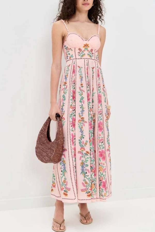 Unique Delicate Forest Print Maxi Dress with Sweetheart Neckline and Beaded Straps
