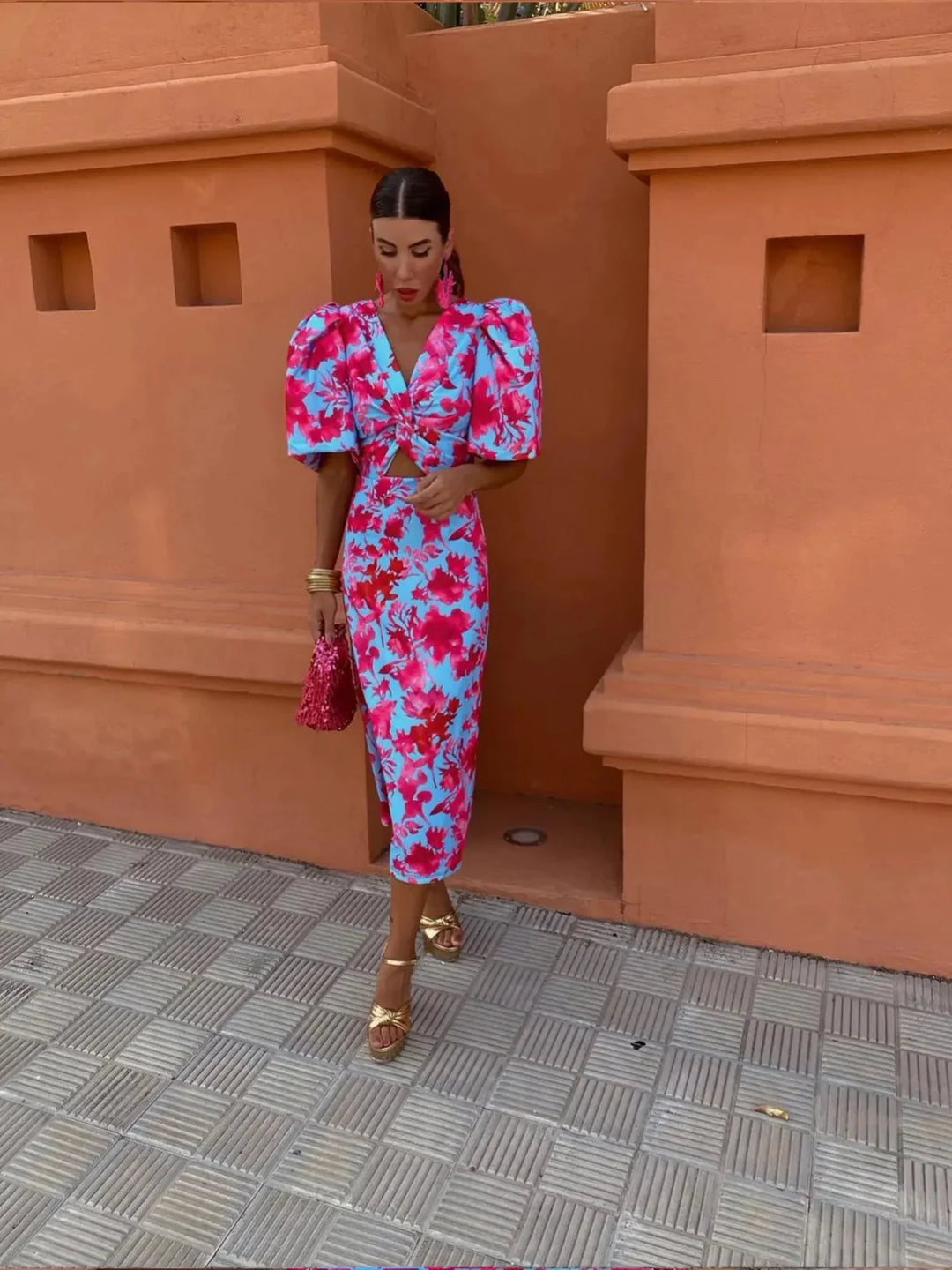 Lily™ | Kleurrijke Jurk met Geplooide Mouwen - JURKJESWINKELTJE